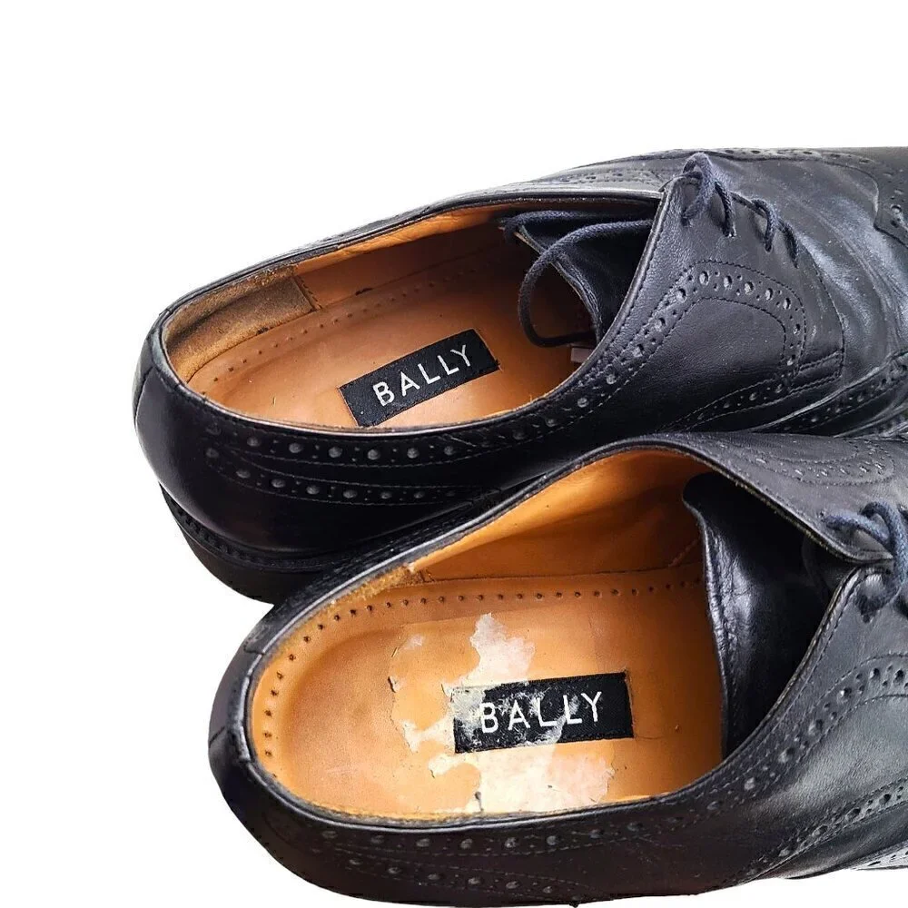 Bally Black Leather Derby Brogue Wingtip Oxford Shoes Lace Up